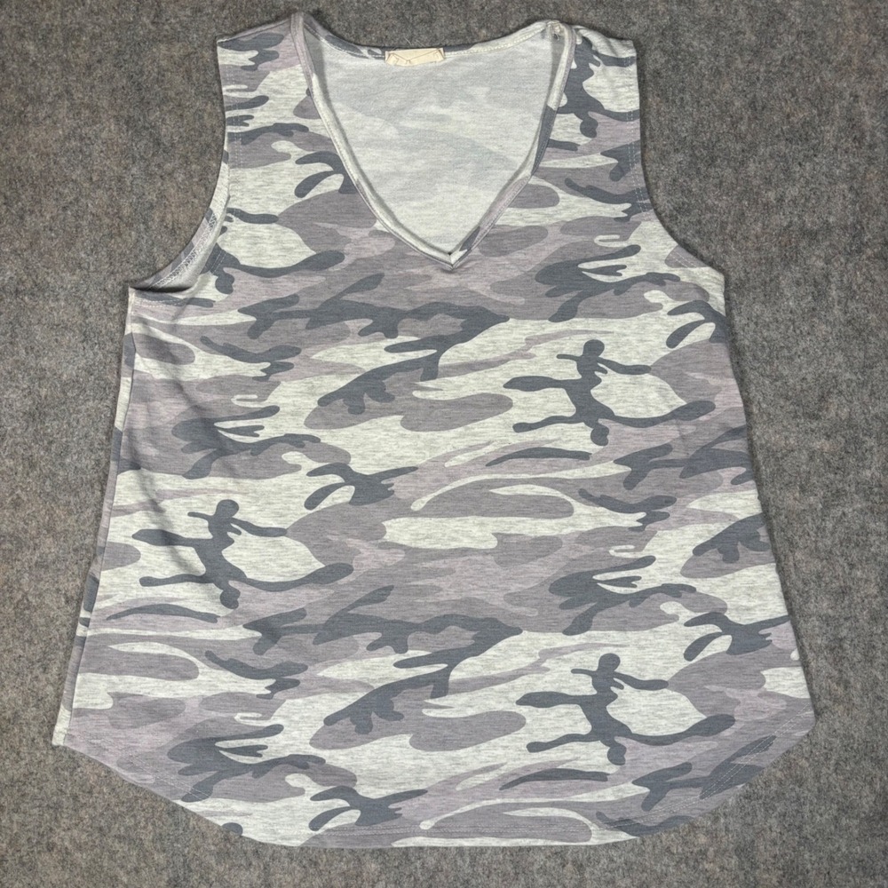 Lime & Chili Tank Top Womens S Grey Camo V-Neck Sleeveless Curved Hem slub coton